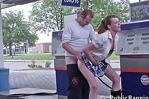 Kinky babe is kissing a pauper in advance Gas Station