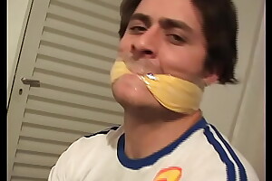 Brazilian scrounger tied forth and gagged alone in home