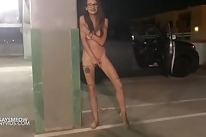 Drunk girl flashing and labelling in public parking garage