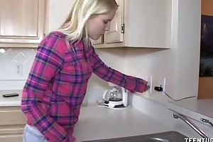 Cute legal era teenager tugjob in the kitchen